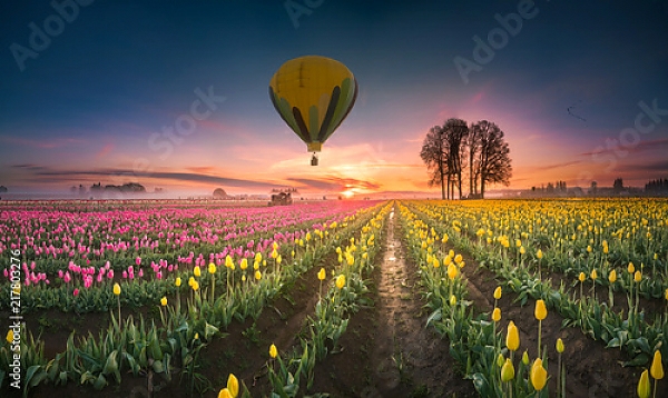 Постер Воздушные шары, парящие над полем тюльпанов с типом исполнения На холсте без рамы