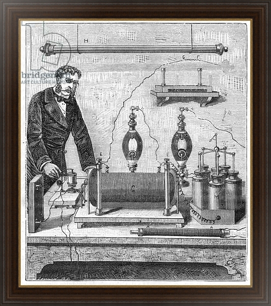 Постер Ruhmkorff inductor - The induction coil by Ruhmkorff - Engraving in “” Sciences made available to everyone - physics and chemistry”” by Alexis Clerc - End 19th century - Private collection с типом исполнения На холсте в раме в багетной раме 1.023.151