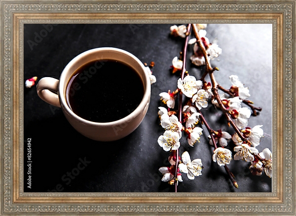 Постер Чашка кофе и ветка цветущей вишни с типом исполнения На холсте в раме в багетной раме 484.M48.310
