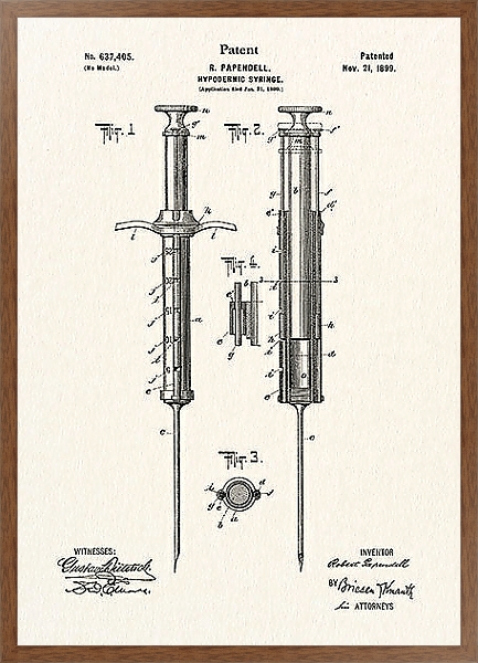 Постер Патент на шприц для подкожных инъекций, 1899г с типом исполнения На холсте в раме в багетной раме 1727.4310