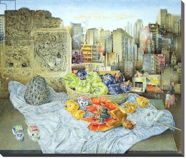Постер Still Life with Papaya and Cityscape, 2000 с типом исполнения На холсте без рамы