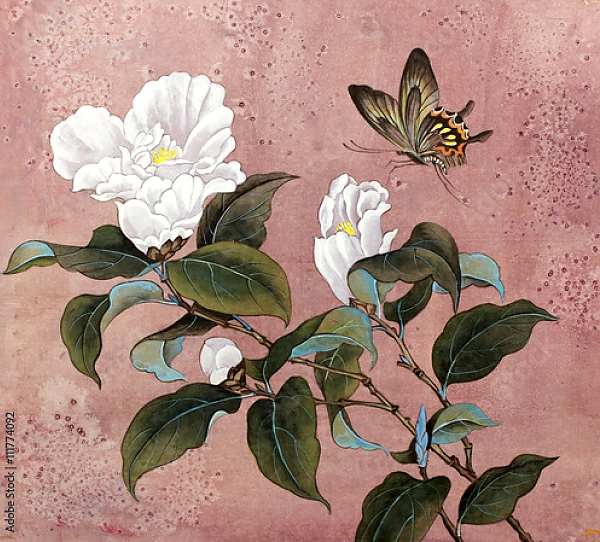 Постер Цветок азалии и бабочка с типом исполнения На холсте без рамы