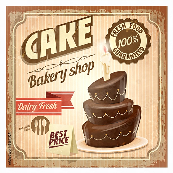 Постер Ретро плакат с шоколадным тортом с типом исполнения На холсте в раме в багетной раме 221-03