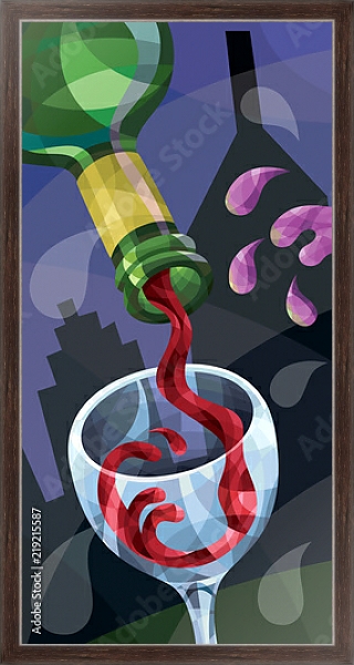 Постер Иллюстрация с вином, льющимся в бокал с типом исполнения На холсте в раме в багетной раме 221-02