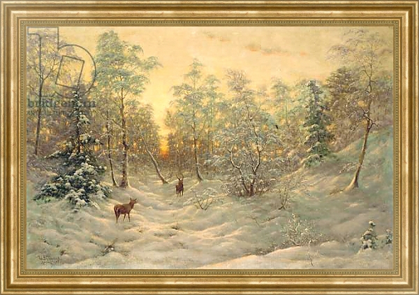 Постер Deer in a snowy landscape at dusk с типом исполнения На холсте в раме в багетной раме NA033.1.051