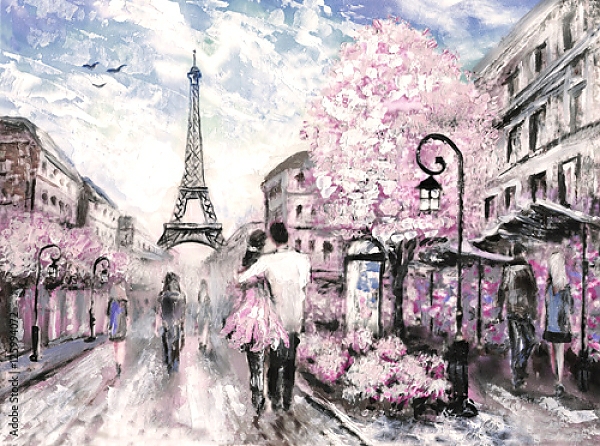 Постер Улица Парижа в розовых цветах с типом исполнения На холсте без рамы