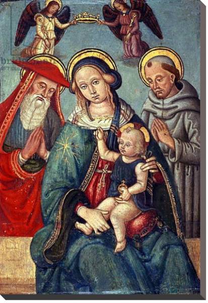 Постер Madonna and Child being crowned by two Angels, with St. Jerome and St. Francis, c.1500 с типом исполнения На холсте без рамы