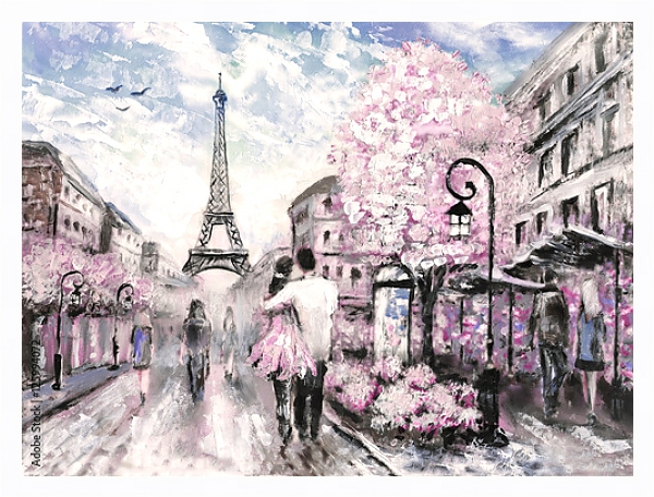 Постер Улица Парижа в розовых цветах с типом исполнения На холсте в раме в багетной раме 221-03
