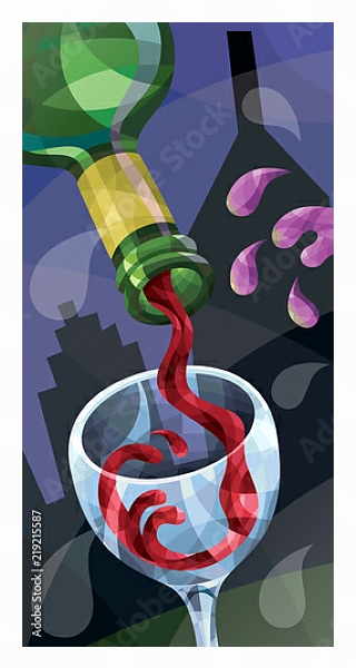 Постер Иллюстрация с вином, льющимся в бокал с типом исполнения На холсте в раме в багетной раме 221-03