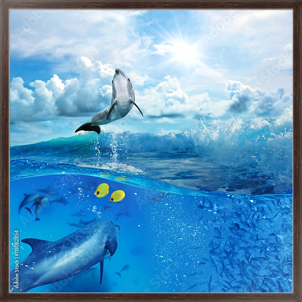Постер Стая игривых дельфинов, плавающих под водой с типом исполнения На холсте в раме в багетной раме 221-02