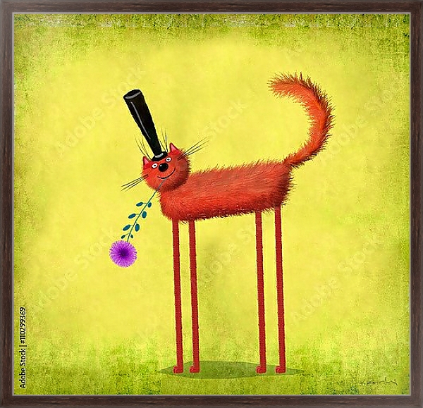 Постер Рыжий кот в шляпе с цветком с типом исполнения На холсте в раме в багетной раме 221-02