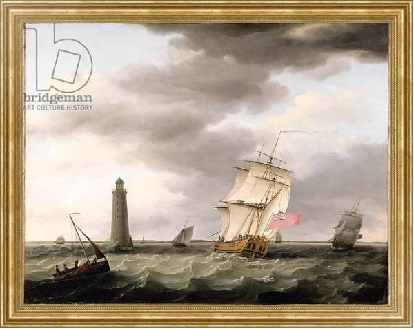 Постер A Man of War passing the Eddystone Lighthouse, c.1773 с типом исполнения На холсте в раме в багетной раме NA033.1.051