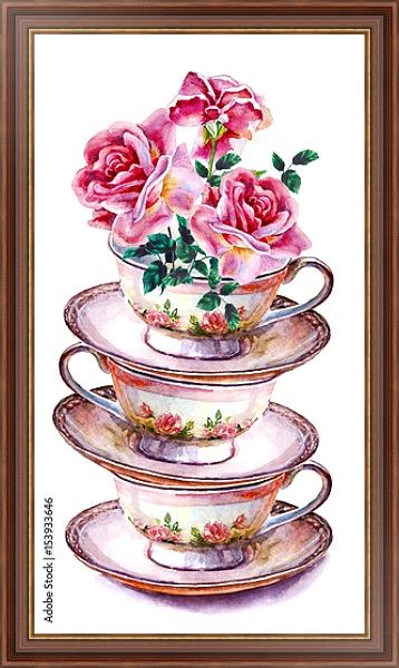 Постер Чашки чая и блюдца с цветами розы с типом исполнения На холсте в раме в багетной раме 35-M719P-83