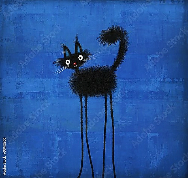 Постер Черный пушистый кот с длинными тонкими ногами с типом исполнения На холсте без рамы