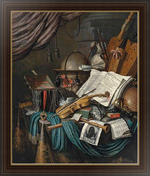 Постер A globe, a casket of jewels and medallions, books, a hurdy-gurdy, a bagpipe, a lute, a violin, an upturned silver tazza and roemer, a nautilus shell, a recorder, a shawm, a print with a self-portrait of the artist and a musical score on a draped table, a с типом исполнения На холсте в раме в багетной раме 1.023.151