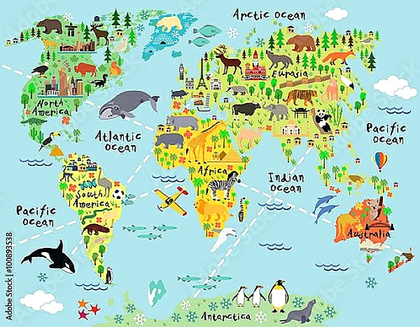 Постер Детская карта мира с животными №9 с типом исполнения На холсте без рамы