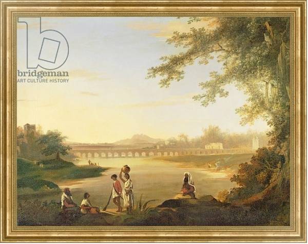 Постер The Marmalong Bridge, with a Sepoy and Natives in the Foreground, c.1783 с типом исполнения На холсте в раме в багетной раме NA033.1.051