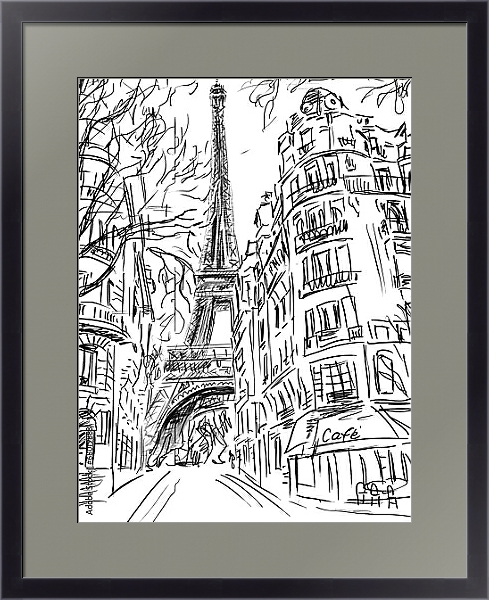 Постер Париж в Ч/Б рисунках #1 с типом исполнения Под стеклом в багетной раме 221-01