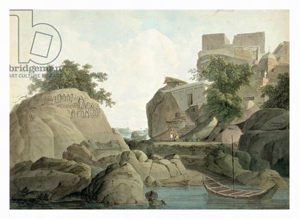 Постер Fakir's Rock at Sultanganj, on the River Ganges, India, c.1790 с типом исполнения На холсте в раме в багетной раме 221-03