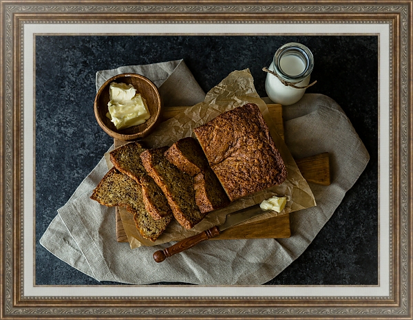 Постер Свежий хлеб, молоко и масло с типом исполнения На холсте в раме в багетной раме 595.M52.330