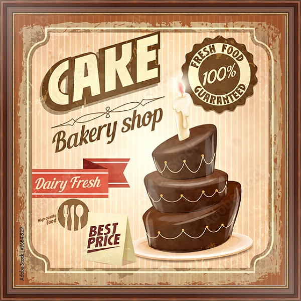 Постер Ретро плакат с шоколадным тортом с типом исполнения На холсте в раме в багетной раме 35-M719P-83