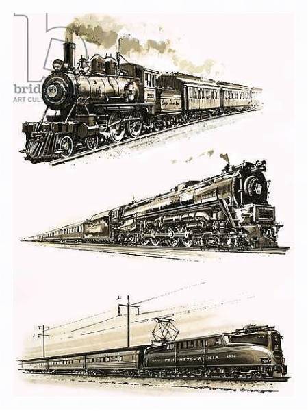 Постер Montage of US trains с типом исполнения На холсте в раме в багетной раме 221-03