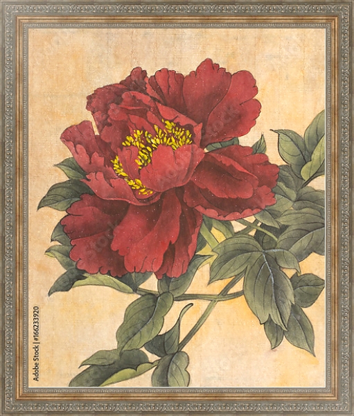 Постер Красный пион в ретро-стиле с типом исполнения На холсте в раме в багетной раме 484.M48.310
