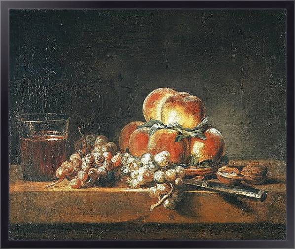 Постер Still Life of Peaches, Nuts, Grapes and a Glass of Wine, 1758 с типом исполнения На холсте в раме в багетной раме 221-01