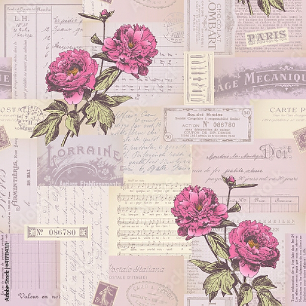 Постер Розовый коллаж с пионами с типом исполнения На холсте без рамы