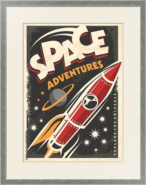 Постер Космические приключения, ретро-постер с космическим кораблем, исследующим вселенную с типом исполнения Под стеклом в багетной раме 1727.2510