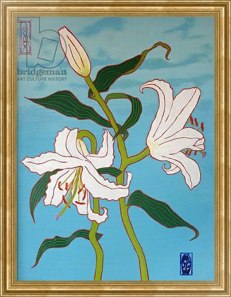 Постер White lily on a blue background, 2010, oil on wood с типом исполнения На холсте в раме в багетной раме NA033.1.051