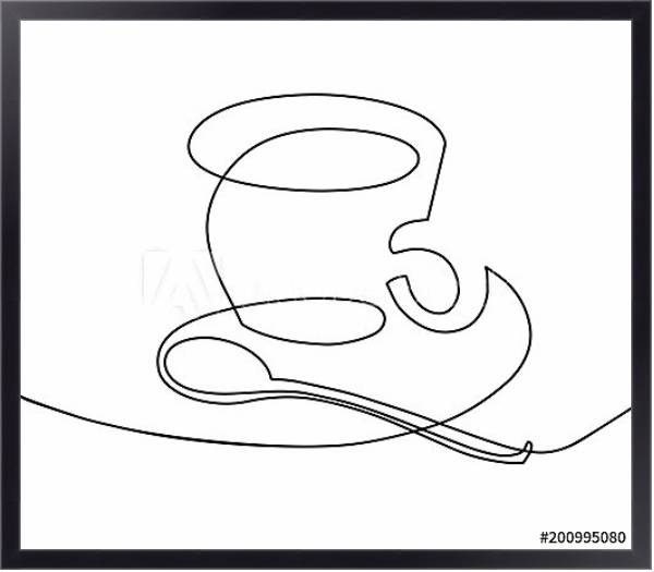 Постер чашка кофе с чайной ложкой - непрерывный рисунок из линии с типом исполнения На холсте в раме в багетной раме 221-01