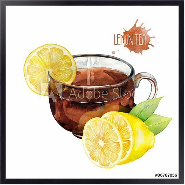 Постер Акварельная чашка чая с лимоном с типом исполнения На холсте в раме в багетной раме 221-01
