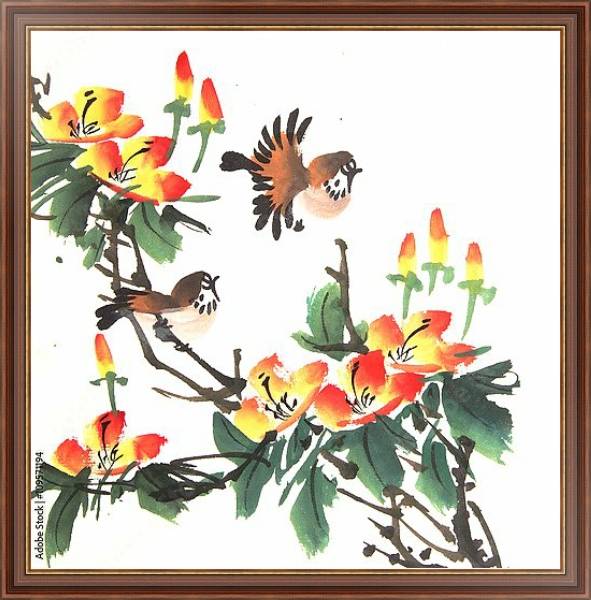 Постер Китайские птички на цветущем кусте с типом исполнения На холсте в раме в багетной раме 35-M719P-83