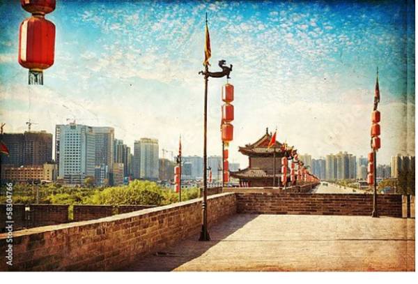 Постер Китай, Сиань. Древняя городская стена с типом исполнения На холсте без рамы