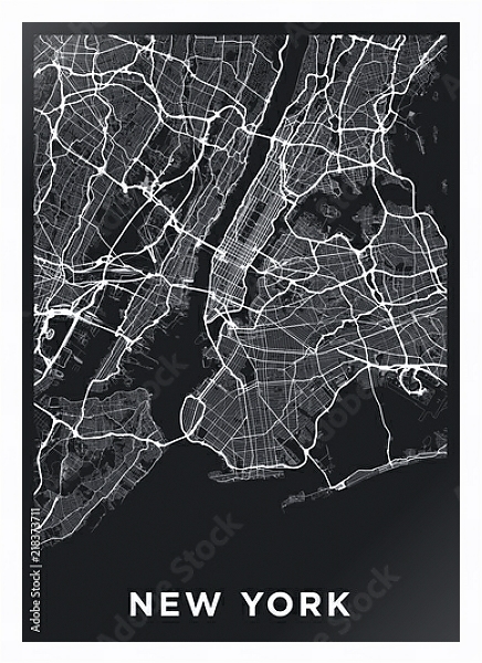 Постер Темная карта Нью-Йорка с типом исполнения На холсте в раме в багетной раме 221-03