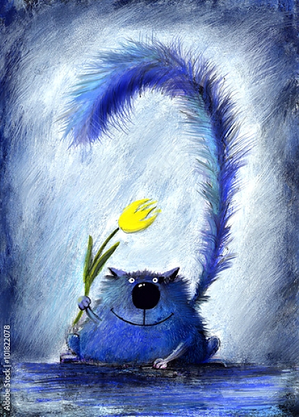 Постер Синий кот с желтым тюльпаном с типом исполнения На холсте без рамы