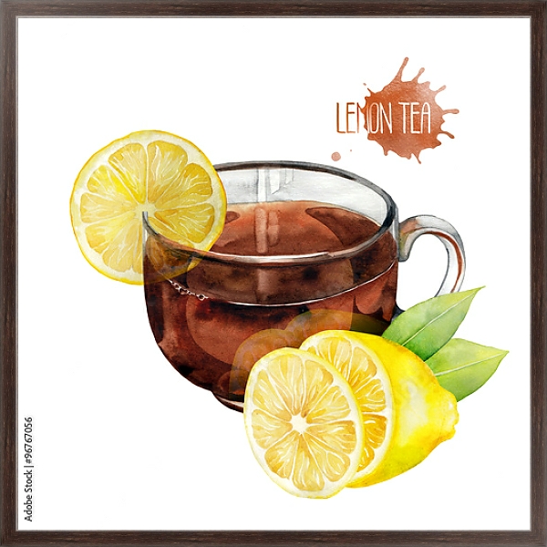 Постер Акварельная чашка чая с лимоном с типом исполнения На холсте в раме в багетной раме 221-02