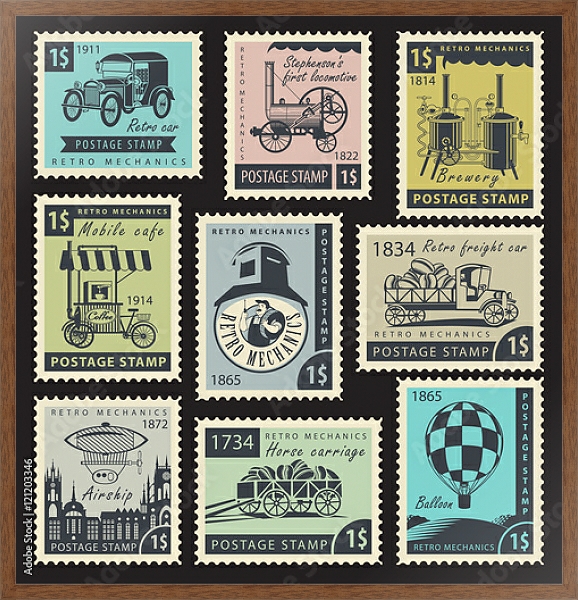Постер Набор марок на тему ретро-механики с типом исполнения На холсте в раме в багетной раме 1727.4310