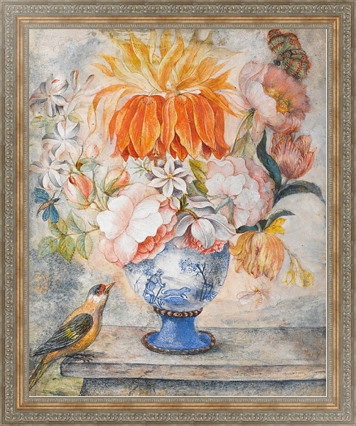 Постер Still Life Of Flowers In A Blue Decorative Vase With A Bird Perched Beside On A Ledge с типом исполнения На холсте в раме в багетной раме 484.M48.310