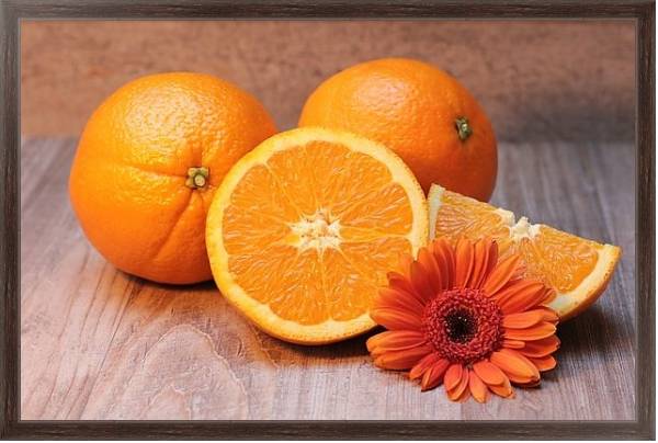 Постер Апельсины и оранжевая маргаритка с типом исполнения На холсте в раме в багетной раме 221-02