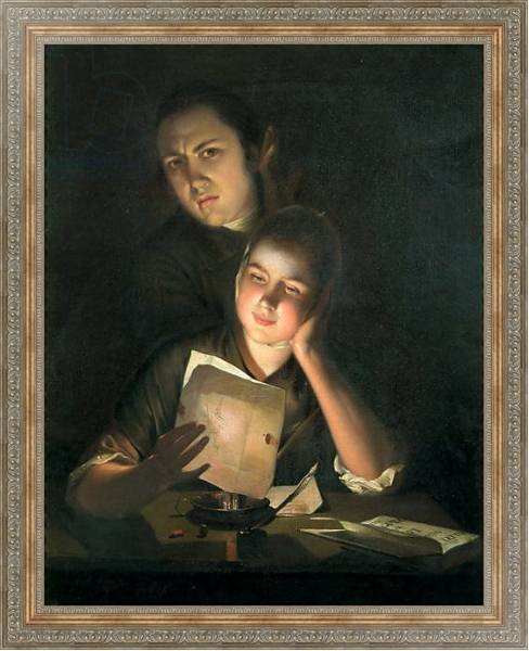 Постер A Girl reading a letter by Candlelight, with a Young Man peering over her shoulder, c.1760-2 с типом исполнения На холсте в раме в багетной раме 484.M48.310