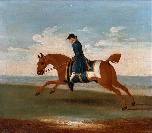 Постер One of Four Portraits of Horses - a Chestnut Racehorse Exercised by a Trainer in a Blue Coat 1730 с типом исполнения На холсте без рамы