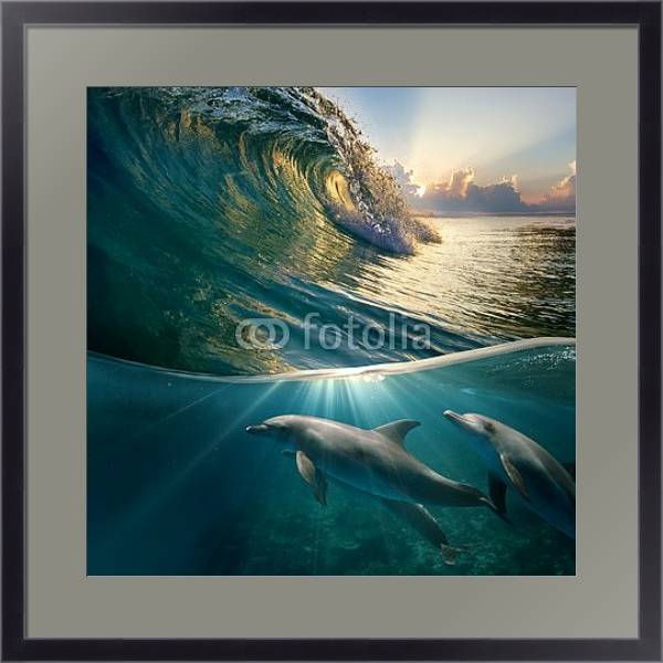 Постер Стайка дельфинов под волной с типом исполнения Под стеклом в багетной раме 221-01