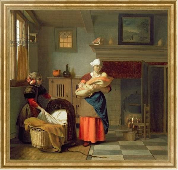 Постер Nursemaid with baby in an interior and a young girl preparing the cradle с типом исполнения На холсте в раме в багетной раме NA033.1.051