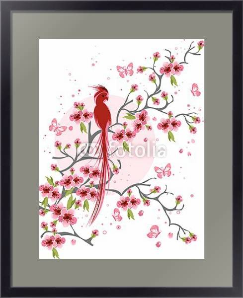 Постер Попугай на ветке цветущей вишни с типом исполнения Под стеклом в багетной раме 221-01