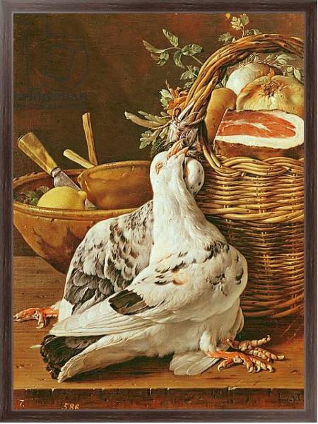 Постер Still Life with pigeons, wicker basket, ham, onions and a lemon с типом исполнения На холсте в раме в багетной раме 221-02