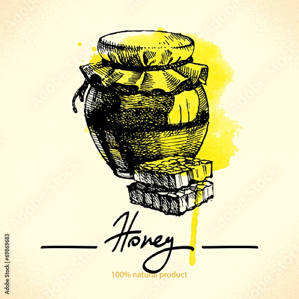 Постер Баночка с медом и сотами на желтой кляксе с типом исполнения На холсте без рамы