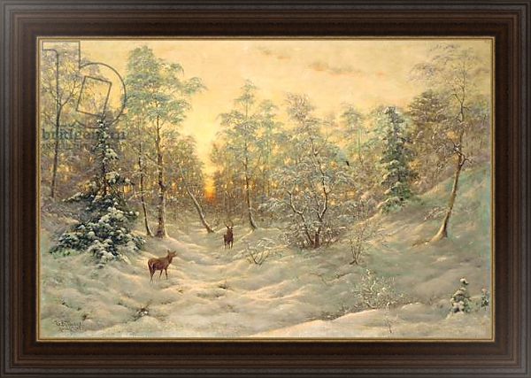 Постер Deer in a snowy landscape at dusk с типом исполнения На холсте в раме в багетной раме 1.023.151
