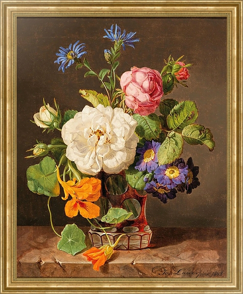 Постер A Bouquet of Flowers with White and Red Roses, Primroses and Nasturtium с типом исполнения На холсте в раме в багетной раме NA033.1.051